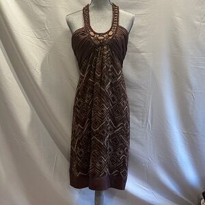 BCBGMaxAzria Strapless Halter Brown Beaded Empire Dress, 100% Silk
